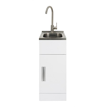LeVivi Hub Tub 360 Slim Door Laundry Tub White with Brushed Stainless Steel Gooseneck Mixer